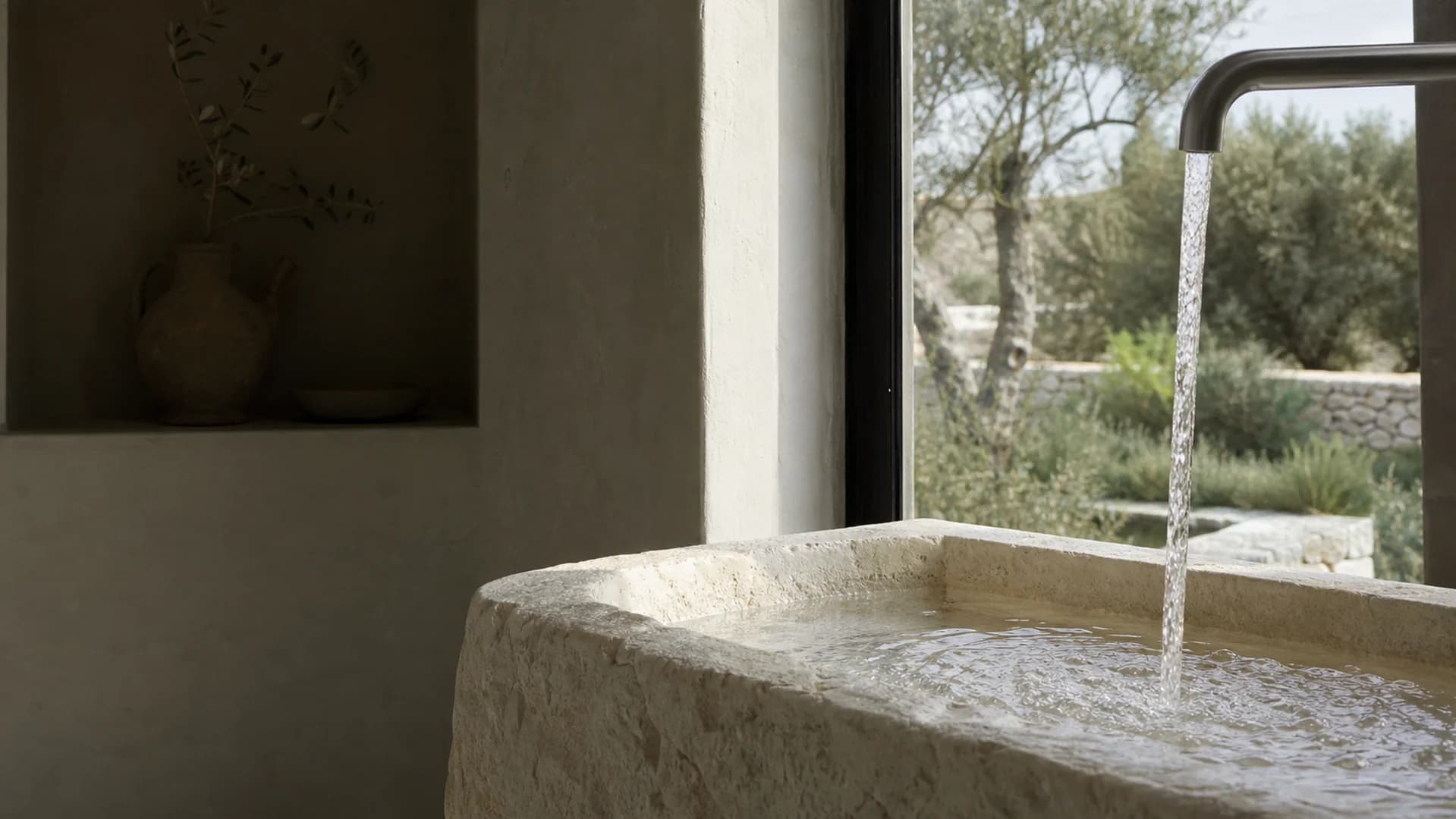 Agua servida para beber junto a una superficie de piedra natural