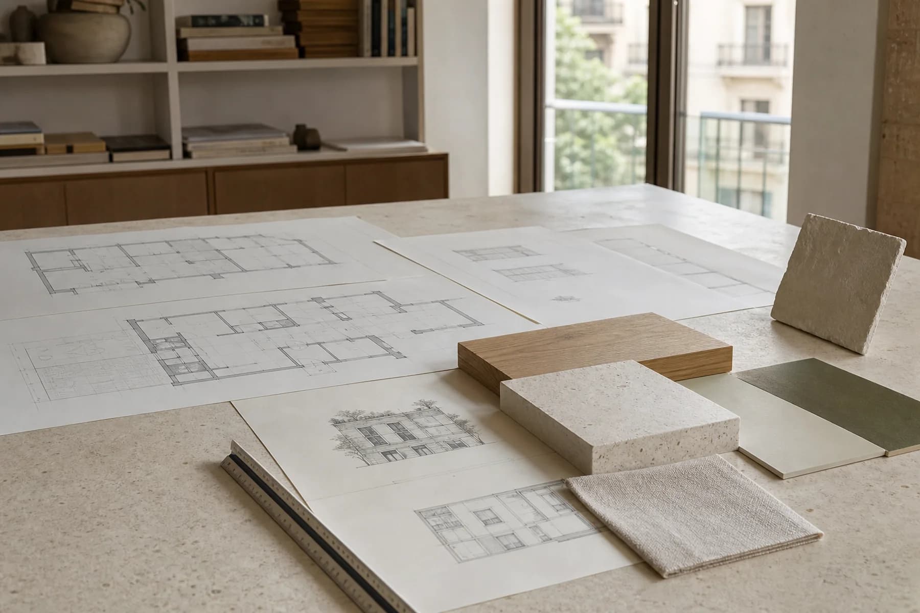 Planos y muestras de materiales sobre una mesa de estudio de arquitectura