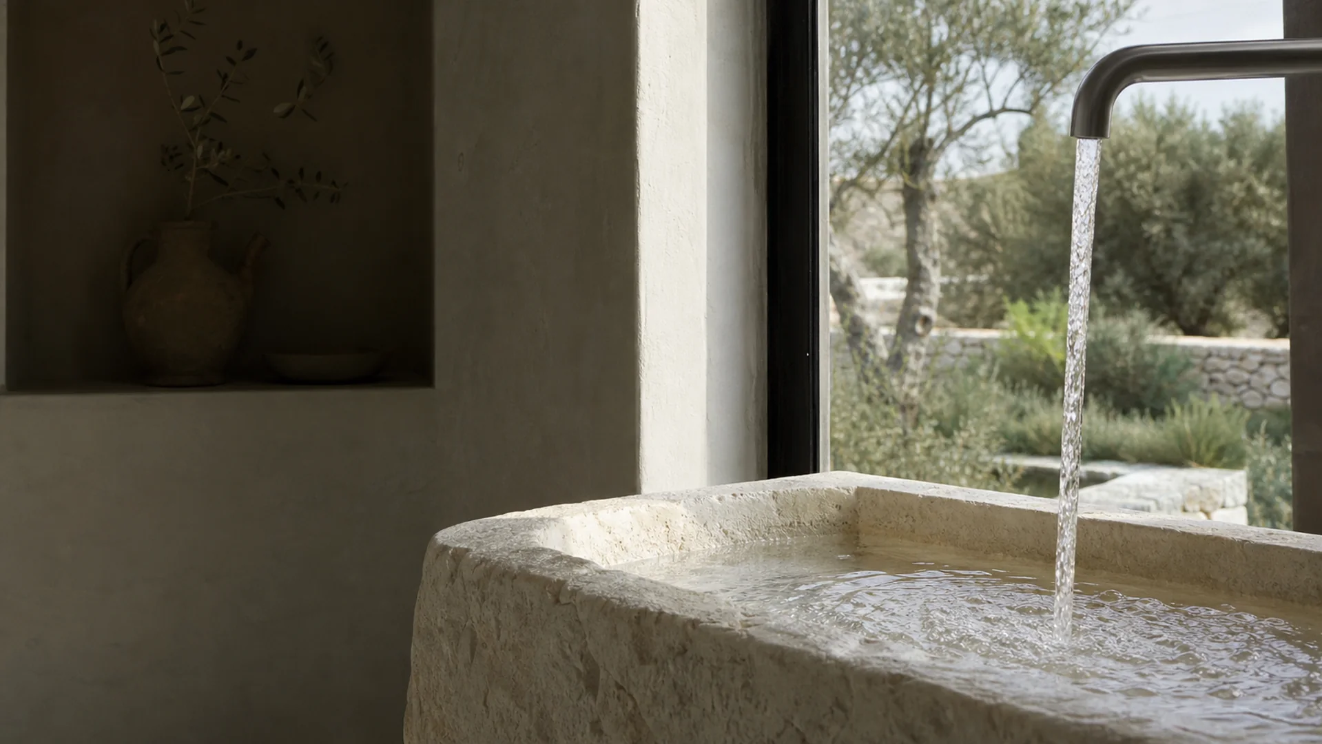 Agua clara sobre un lavabo de piedra junto a un jardín mediterráneo
