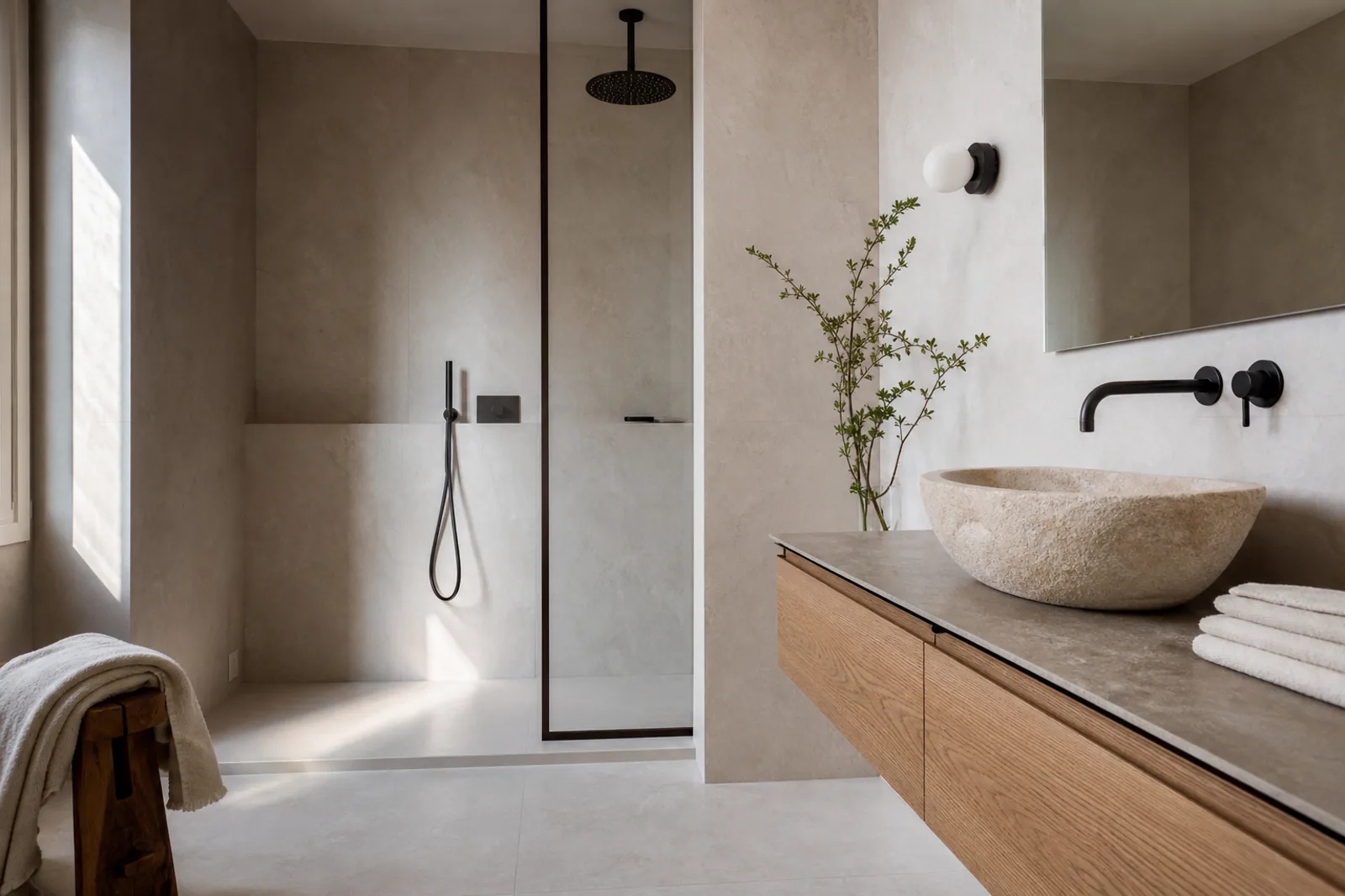 Baño de piedra y madera iluminado con luz natural