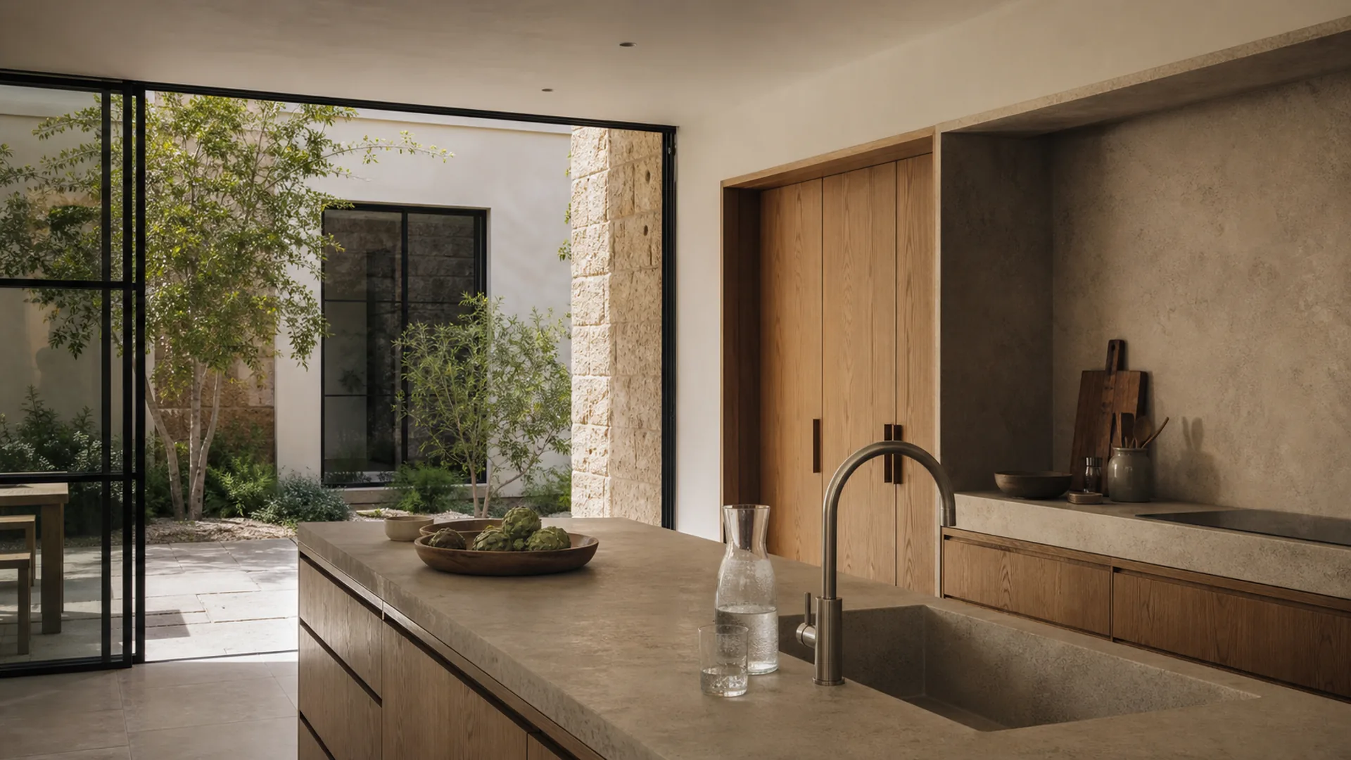 Cocina contemporánea con piedra natural, madera y una jarra de agua