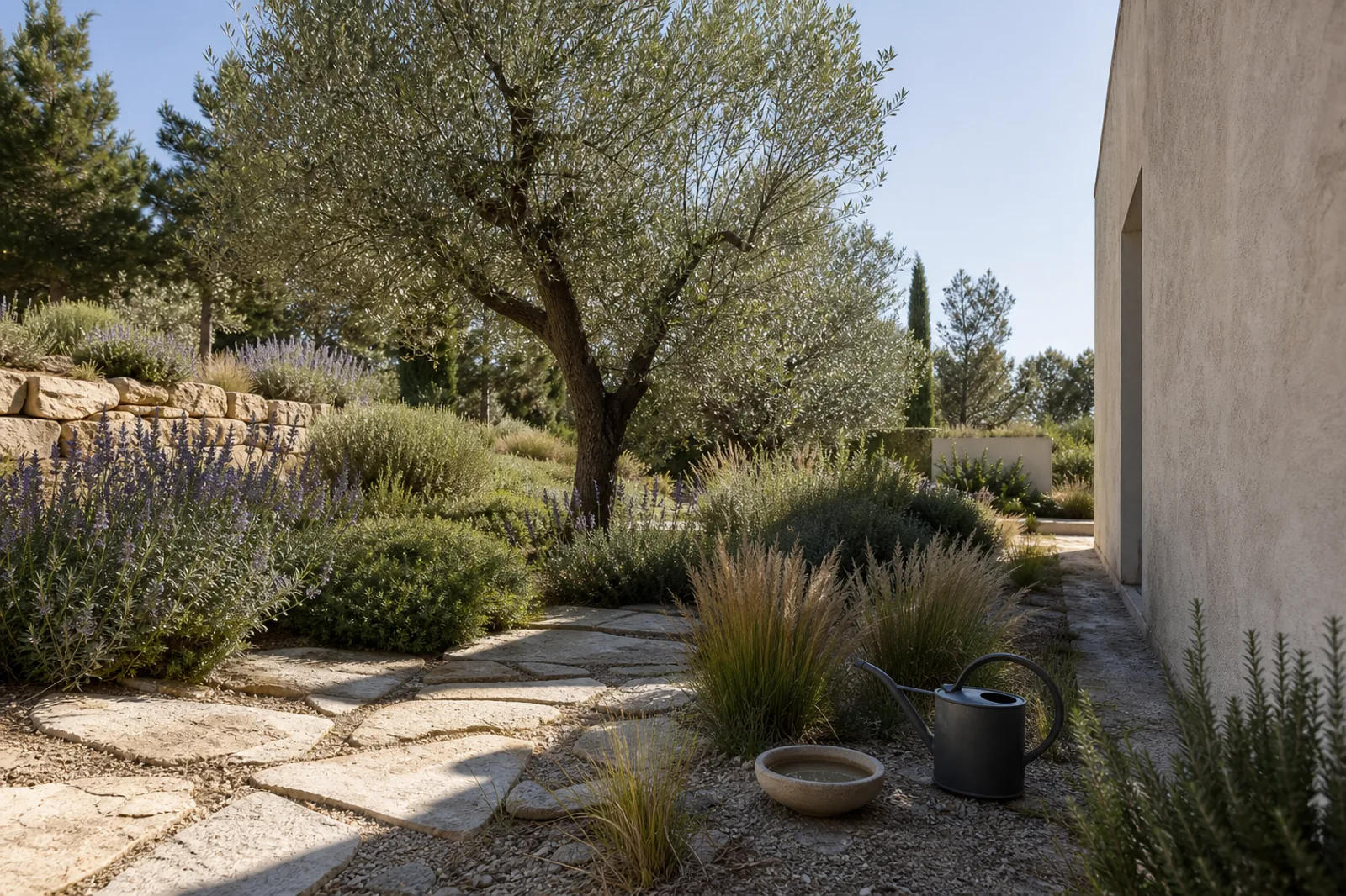 Jardín mediterráneo con olivo, plantas autóctonas y una regadera