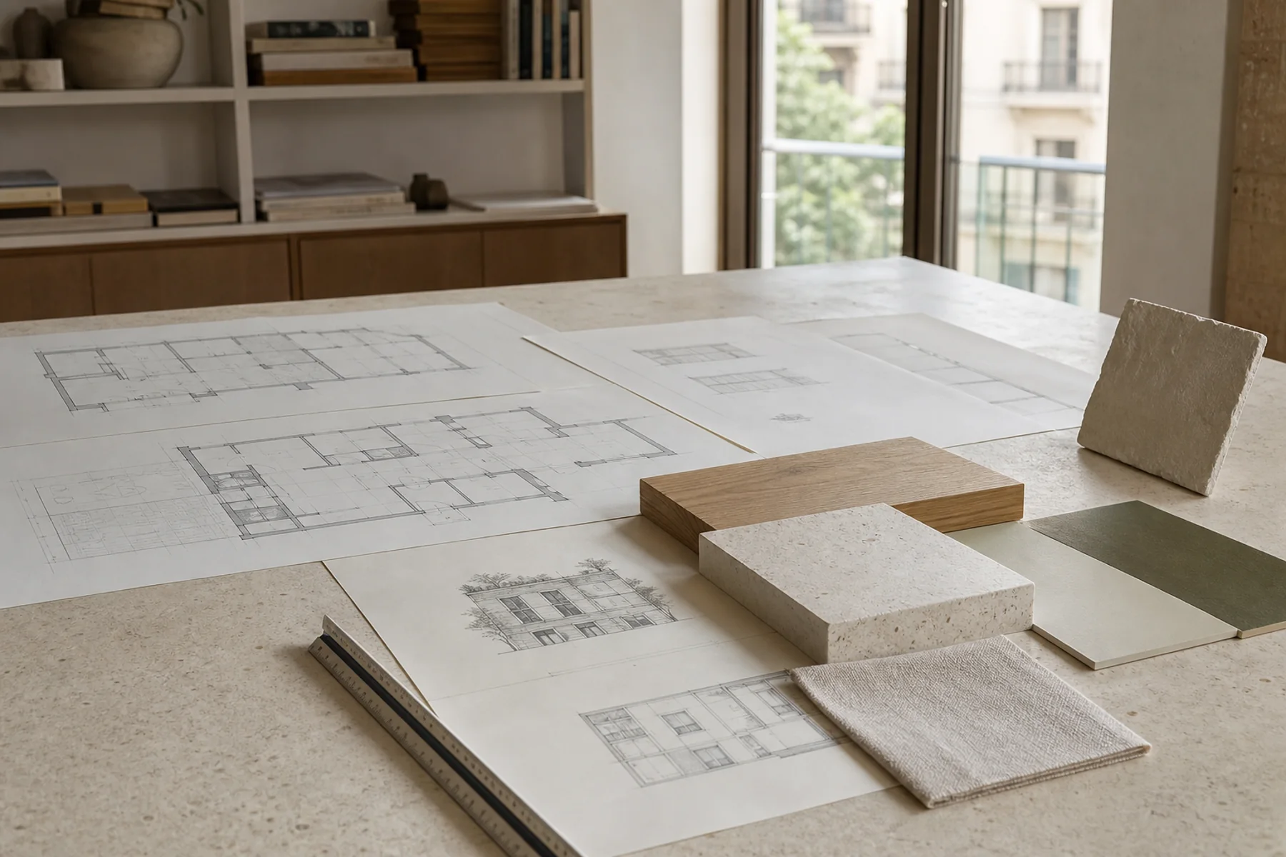 Planos y muestras de materiales sobre una mesa de estudio de arquitectura